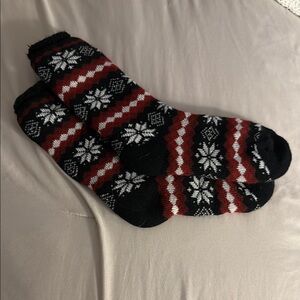Fuzzy Patterned Black and Red Socks